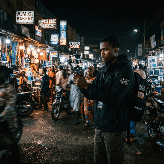 A filmmaker shooting a night scene on a smartphone rig on a city street lit with orange neon