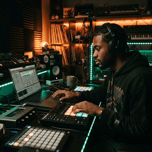 A music producer working at a laptop and MIDI controller in a dim, warmly lit bedroom studio