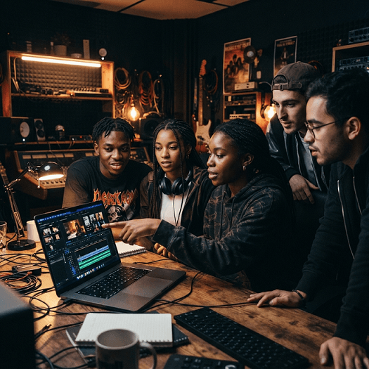 Students collaborating intensely around a glowing laptop in a dark, neon-lit room